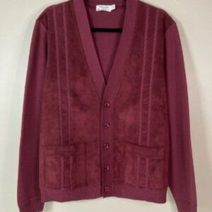 Vtg Men’s St. Croix LG Zephyr Wool Cardigan Sweater Burgundy Suede Accent Retro